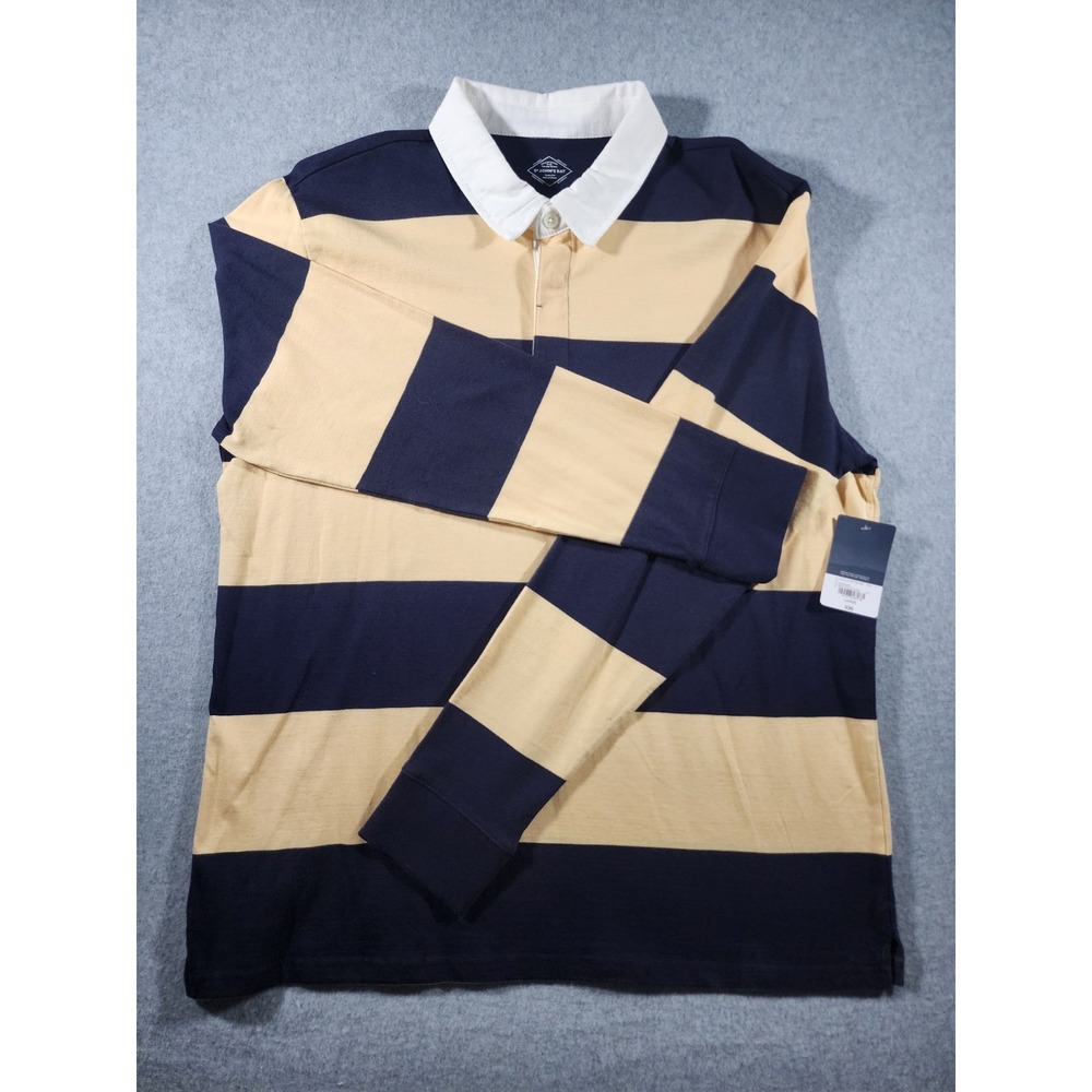 NWT St John's Bay Men's Polo Shirt, L, Long Sleeve, Navy Blue Yellow Stripe